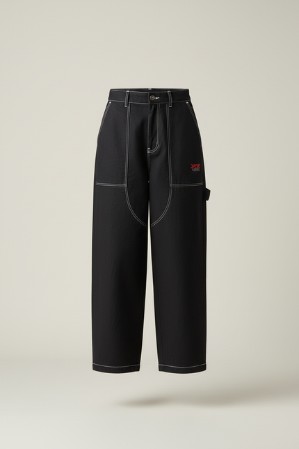 Pantalon Baggy Noir Denim Large Surpiqûres Contrastées - Jean - vue 3