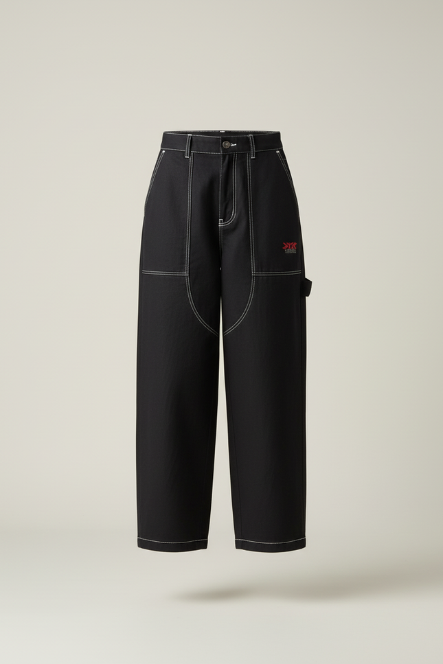 Pantalon Baggy Noir Denim Large Surpiqûres Contrastées - Jean - vue 3