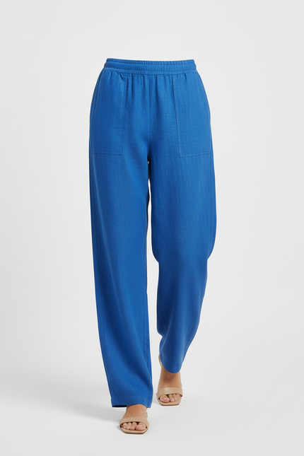 Pantalon Baggy Bleu Roi Lin Fluide Ample Décontracté - vue 3