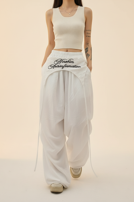 Pantalon Baggy Blanc Fluide Ample Streetwear Léger - Lin - vue 3