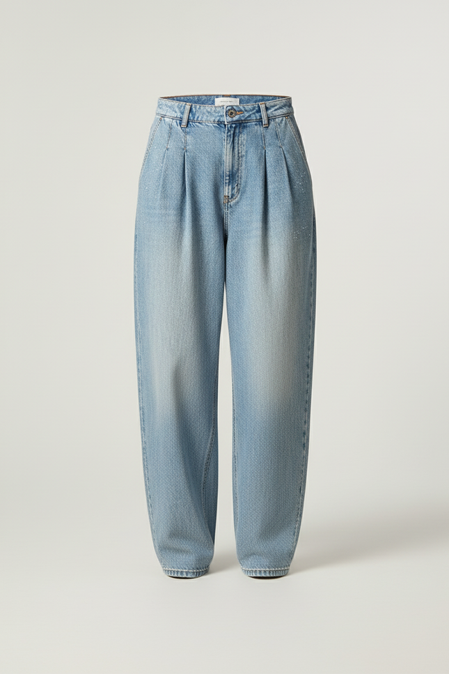 Pantalon Baggy Denim Bleu Ample Plissé Taille Haute - Jean - vue 3