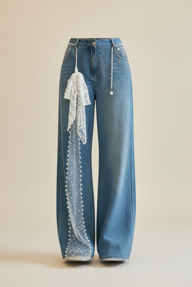 Pantalon Baggy Denim Large Perles Dentelle Y2K Élégant - Bleu Jean - vue 3