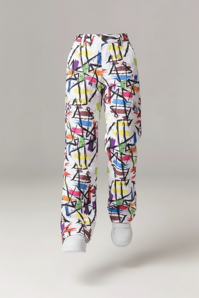 Pantalon Baggy Blanc Imprimé Coloré Ample Décontracté Fille - Multicolore Coton - vue 3
