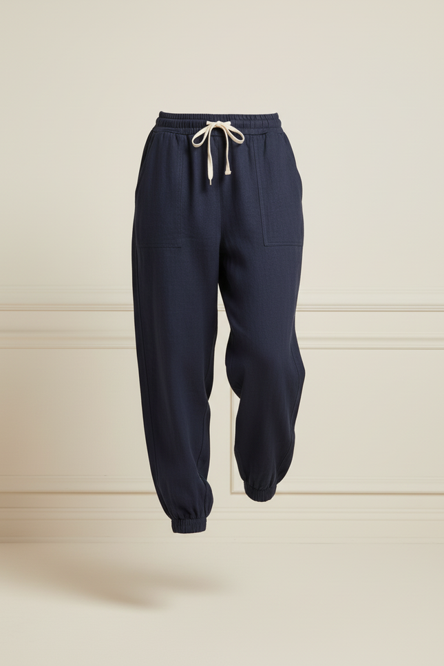 Pantalon Baggy Bleu Marine Cordon Lin Ample Confortable Femme - vue 3