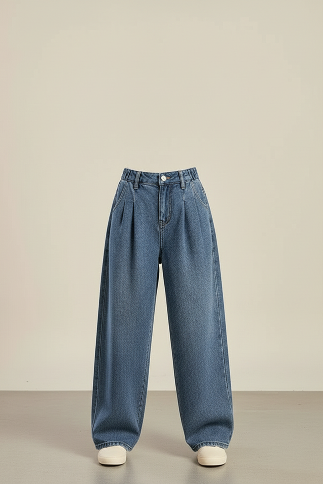 Pantalon Baggy Jean Bleu Ample Plissé Confortable Fille - vue 3