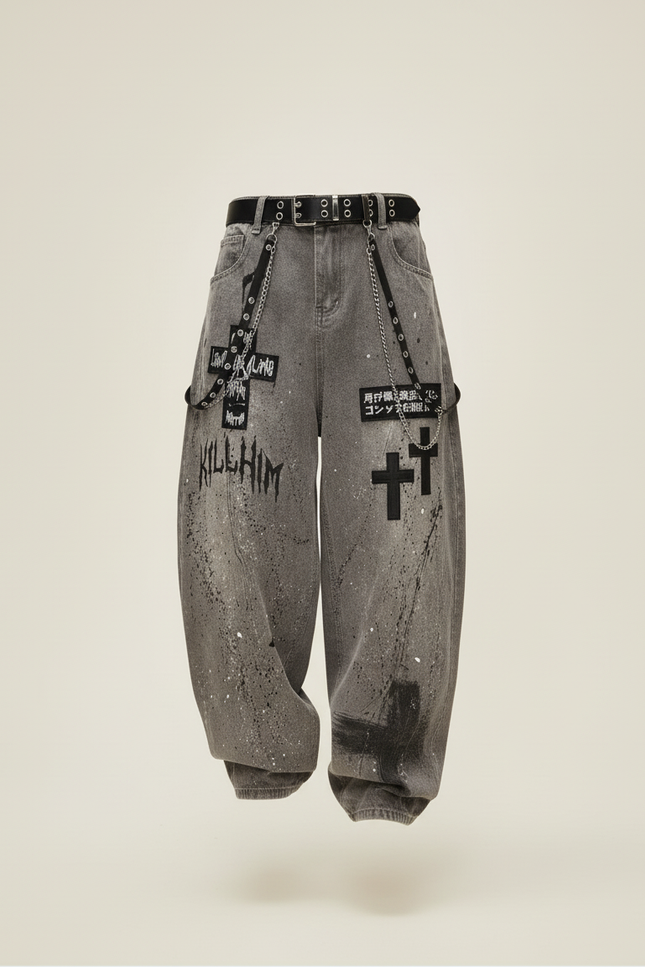 Pantalon Baggy Gris Délavé Imprimé Croix Chaînes - Jean - vue 3
