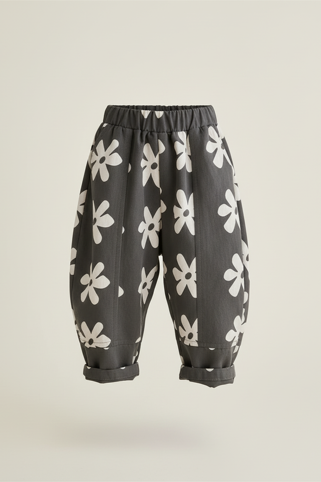 Pantalon Baggy Gris Fleuri Ample Coton Enfant - vue 3
