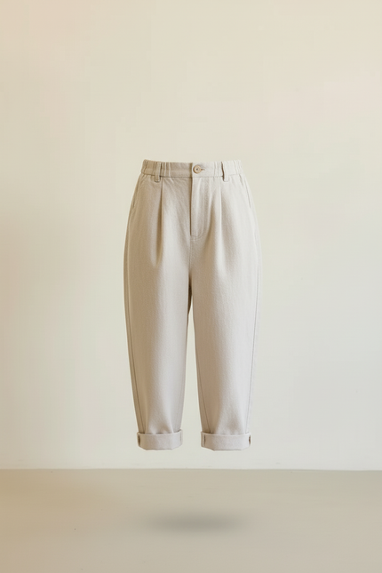 Pantalon Baggy Fille Beige Taille Haute - Lin - vue 3