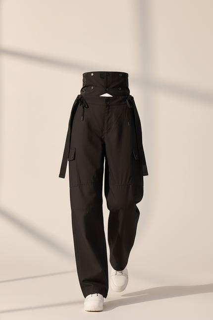 Pantalon Baggy Noir Cargo Taille Haute Ajustable Femme - Gabardine - vue 3