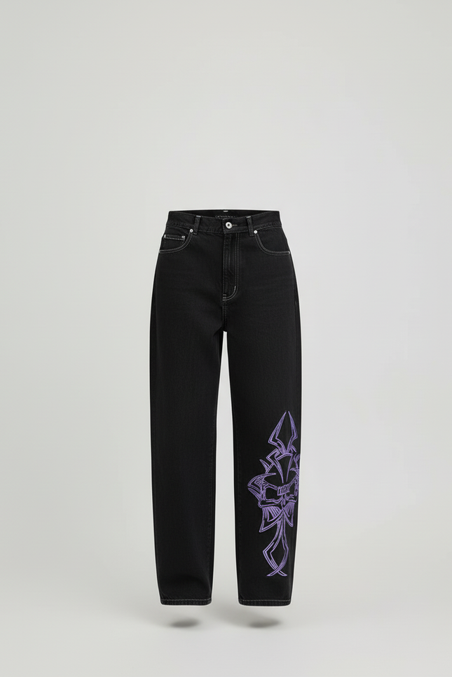 Pantalon Baggy Noir Brodé Ample Décontracté Femme - Jean - vue 3