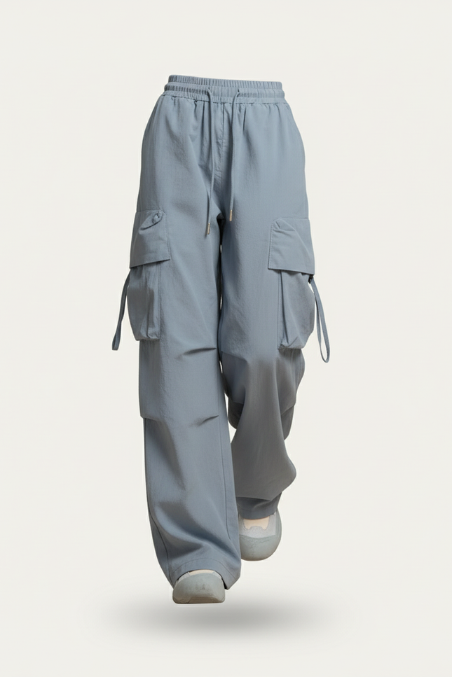 Pantalon Baggy Bleu Fluide Cargo Taille Haute - Polyester - vue 3