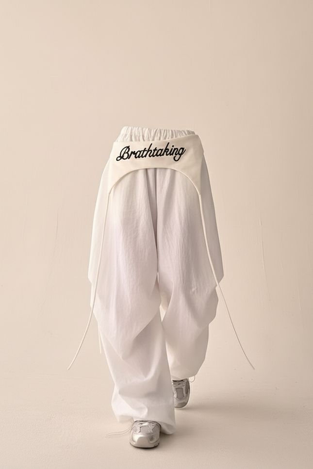 Pantalon Baggy Blanc Fluide Ample Cordon Streetwear - Lin - vue 3