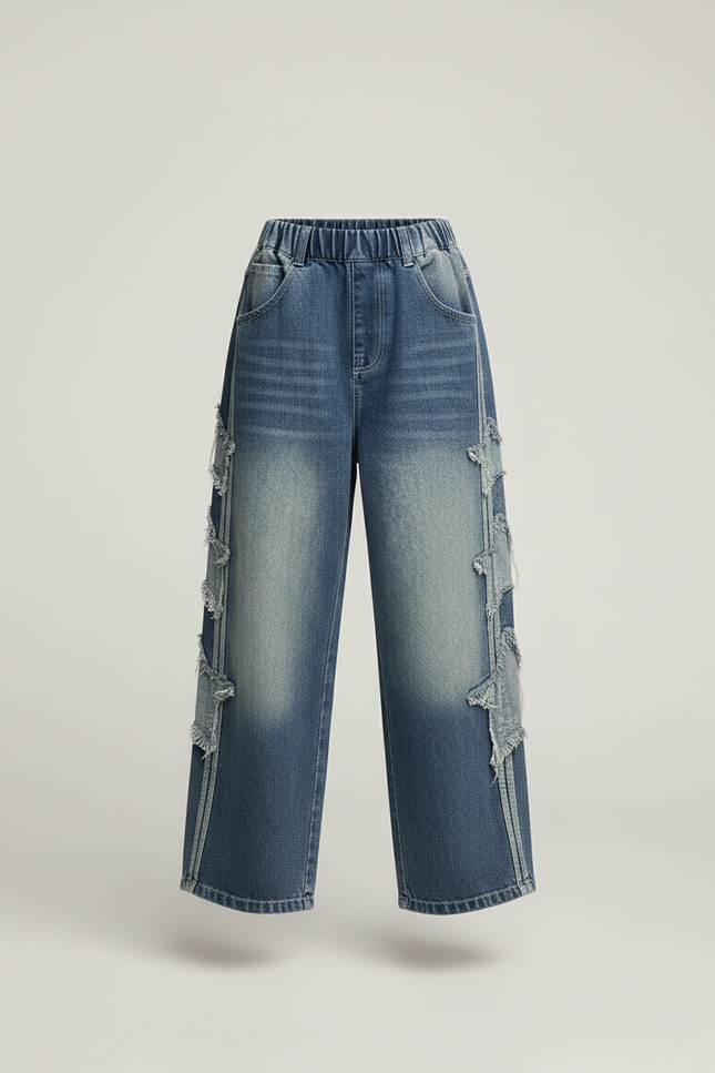 Pantalon Baggy Bleu Délavé Ample Étoiles Fille - Jean - vue 3