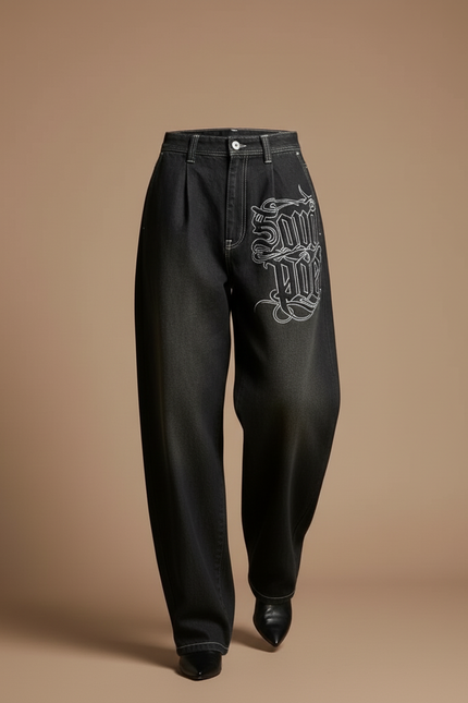 Pantalon Baggy Noir Brodé Ample Streetwear Y2K - Jean - vue 3