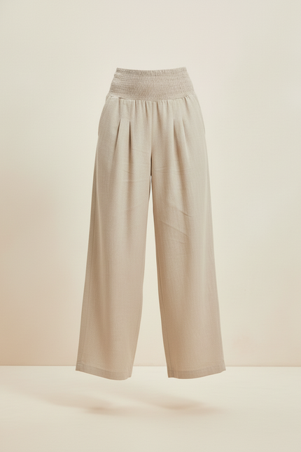 Pantalon Baggy Beige Lin Ample Plissé Smocké Femme - vue 3
