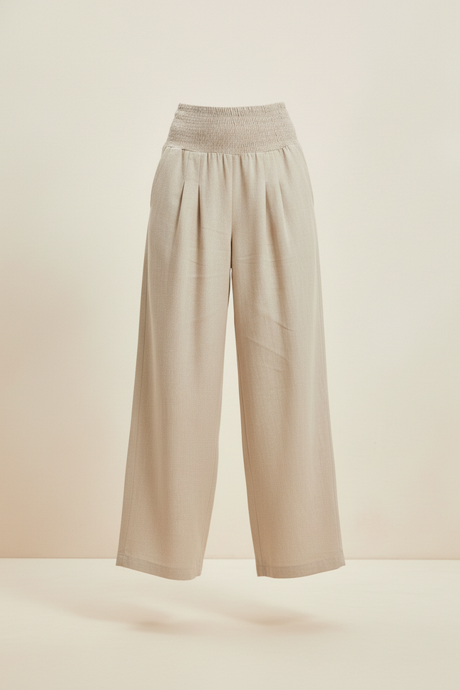 Pantalon Baggy Beige Lin Ample Plissé Smocké Femme - vue 3