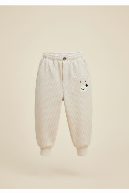 Pantalon Baggy Côtelé Beige Brodé Ours Mignon Enfant - Cordé - vue 3