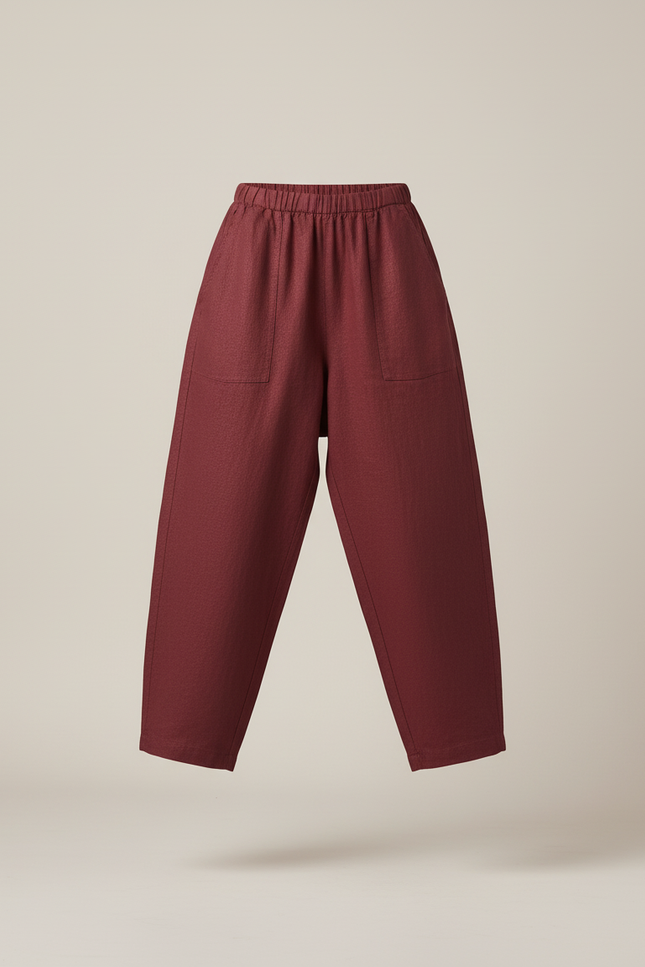 Pantalon Baggy Bordeaux Lin Ample Décontracté Élégant - vue 3