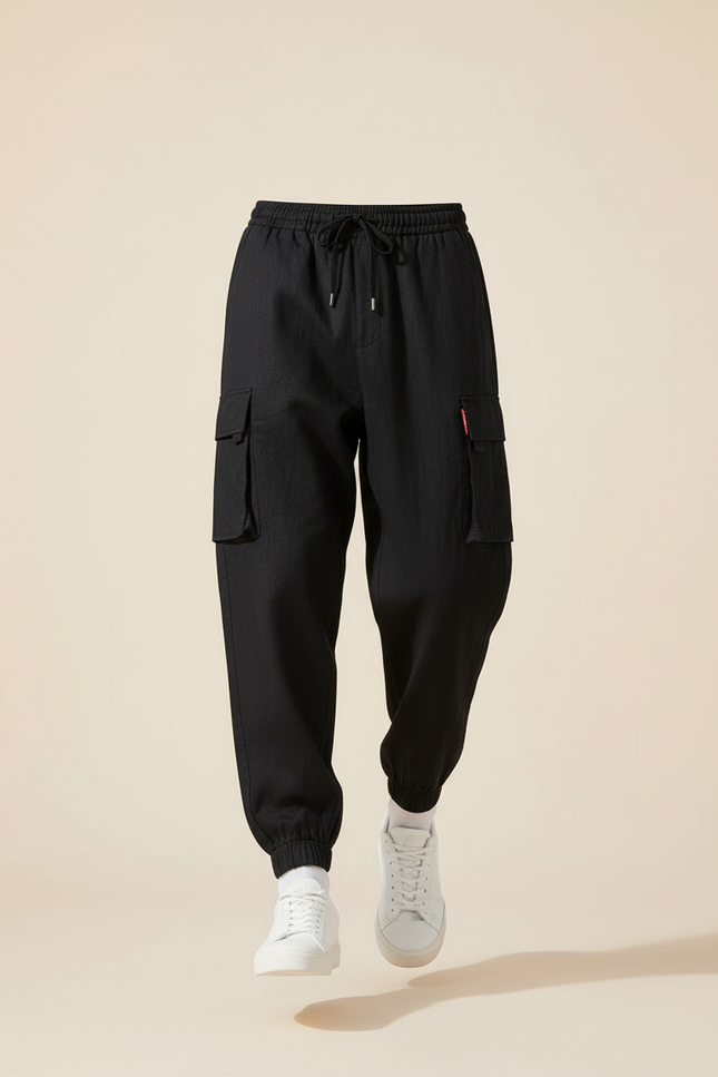 Pantalon Baggy Cargo Noir Coton Ample Cordon Homme - vue 3
