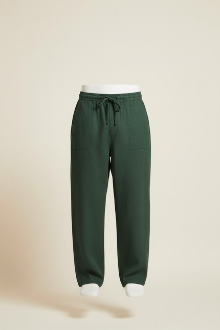 Pantalon Baggy Vert Lin Ample Cordon Décontracté Homme - vue 3