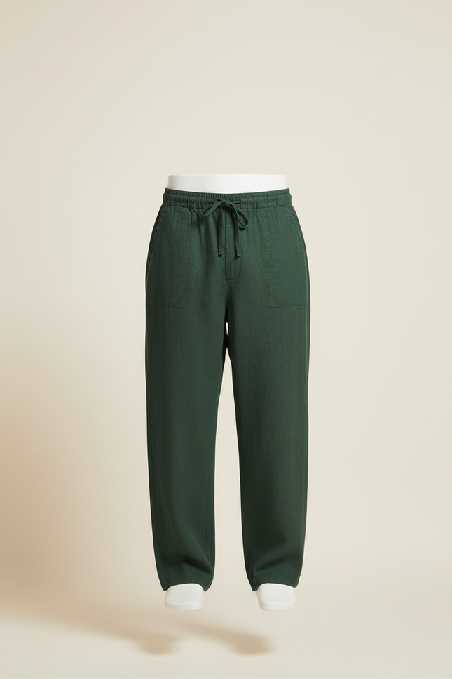 Pantalon Baggy Vert Lin Ample Cordon Décontracté Homme - vue 3