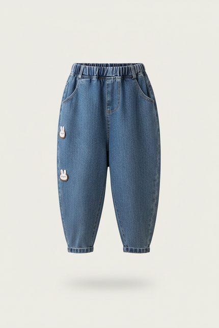 Pantalon Baggy Jean Bleu Ample Lapins Brodés Fille - vue 3