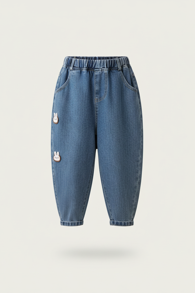 Pantalon Baggy Jean Bleu Ample Lapins Brodés Fille - vue 3