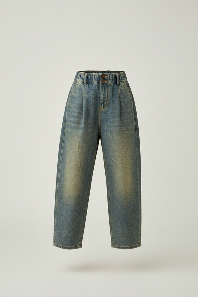 Pantalon Baggy Jean Bleu Délavé Ample Plissé Fille - vue 3