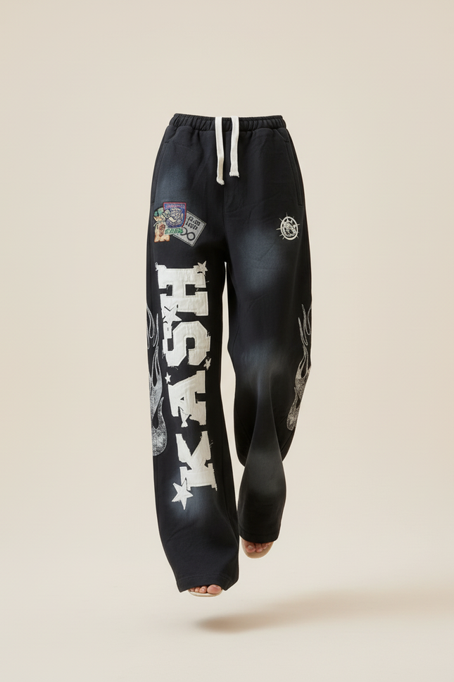 Pantalon Baggy Noir Brodé Streetwear Ample Décontracté - Molleton - vue 3