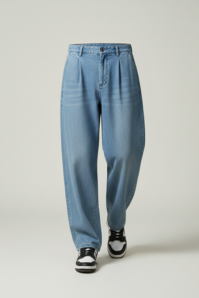 Pantalon Baggy Bleu Jean Ample Plissé Confortable Homme - vue 3