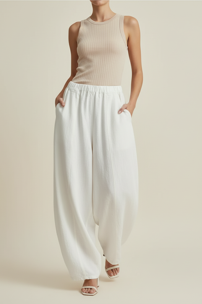 Pantalon Baggy Blanc Lin Ample Élastique Femme - vue 3