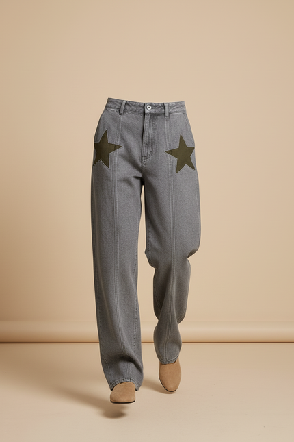 Pantalon Baggy Gris Étoiles Ample Denim Femme - Jean - vue 3