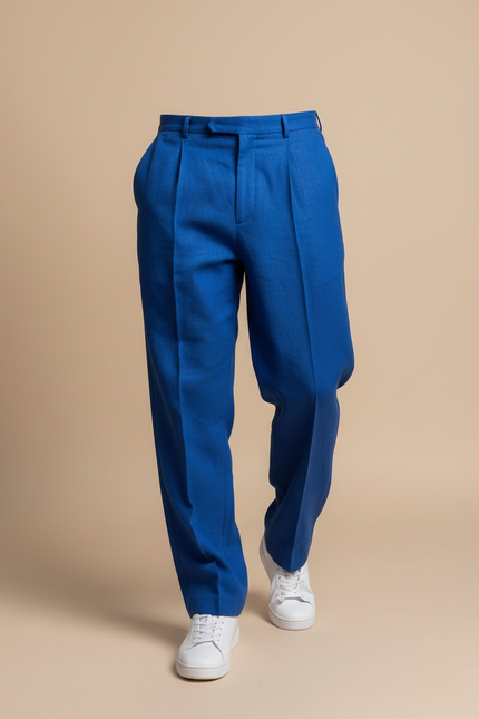 Pantalon Baggy Bleu Royal Plissé Ample Homme - Lin - vue 3