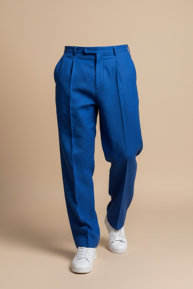 Pantalon Baggy Bleu Royal Plissé Ample Homme - Lin - vue 3