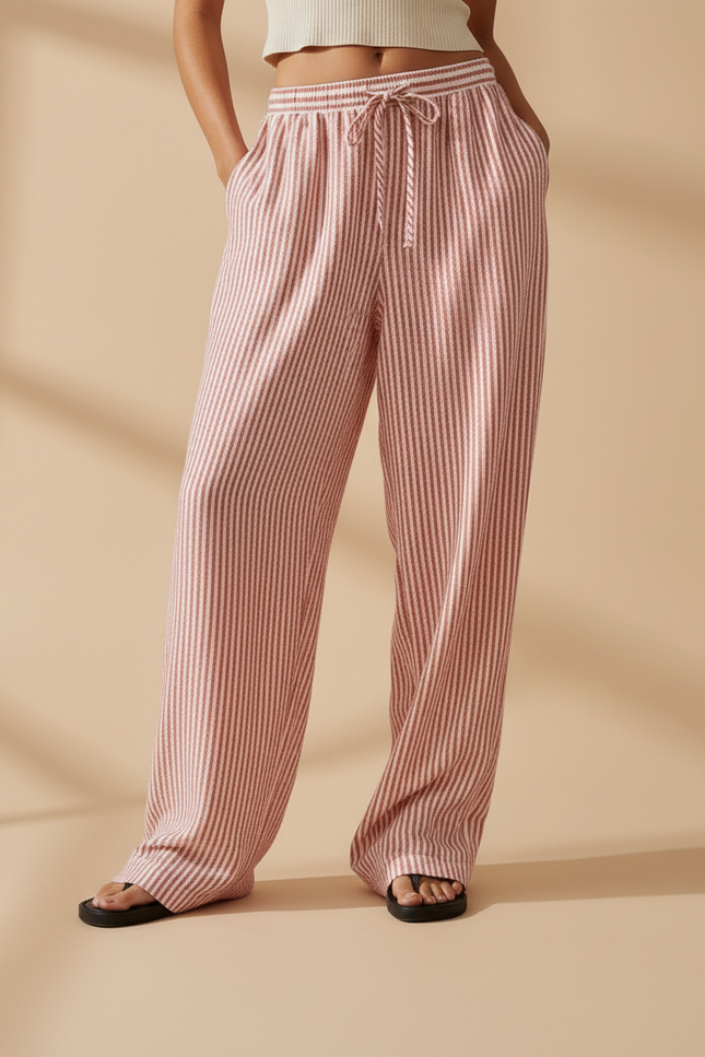 Pantalon Baggy Rayé Rouge Fluide Cordon Femme - Lin - vue 3