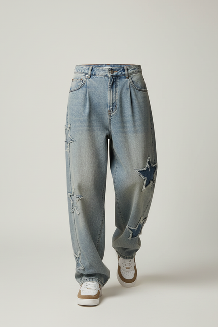 Pantalon Baggy Jean Bleu Étoiles Délavé Ample Homme - vue 3