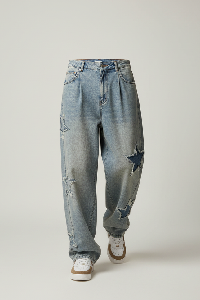 Pantalon Baggy Jean Bleu Étoiles Délavé Ample Homme - vue 3