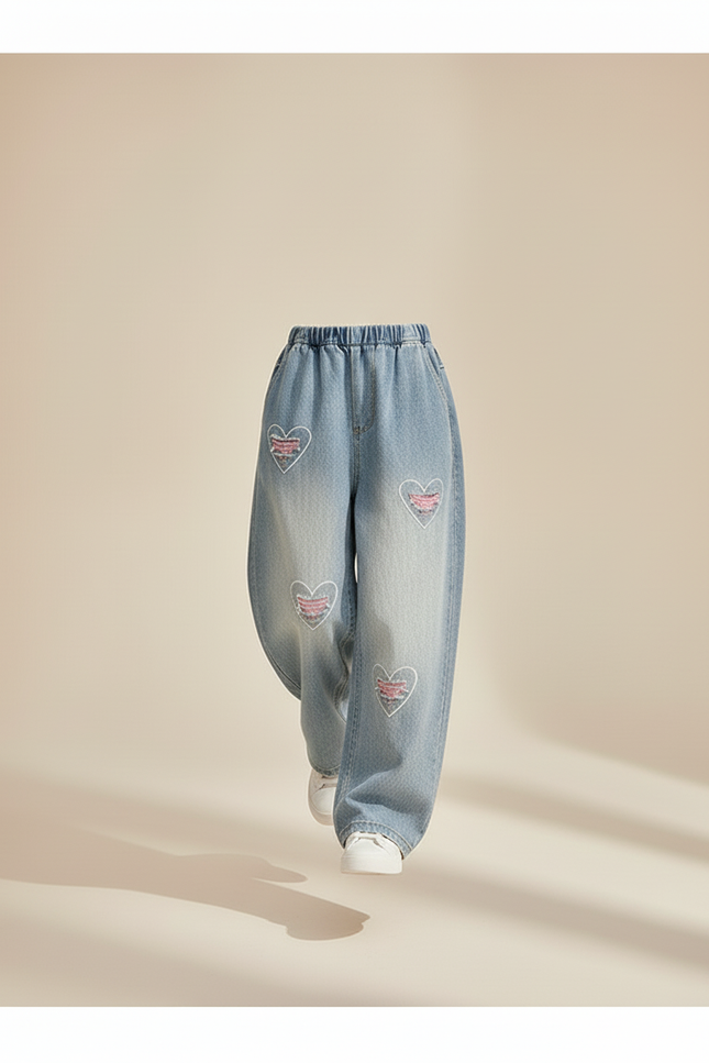 Pantalon Baggy Jean Bleu Clair Cœurs Brodés Ample Fille - vue 3