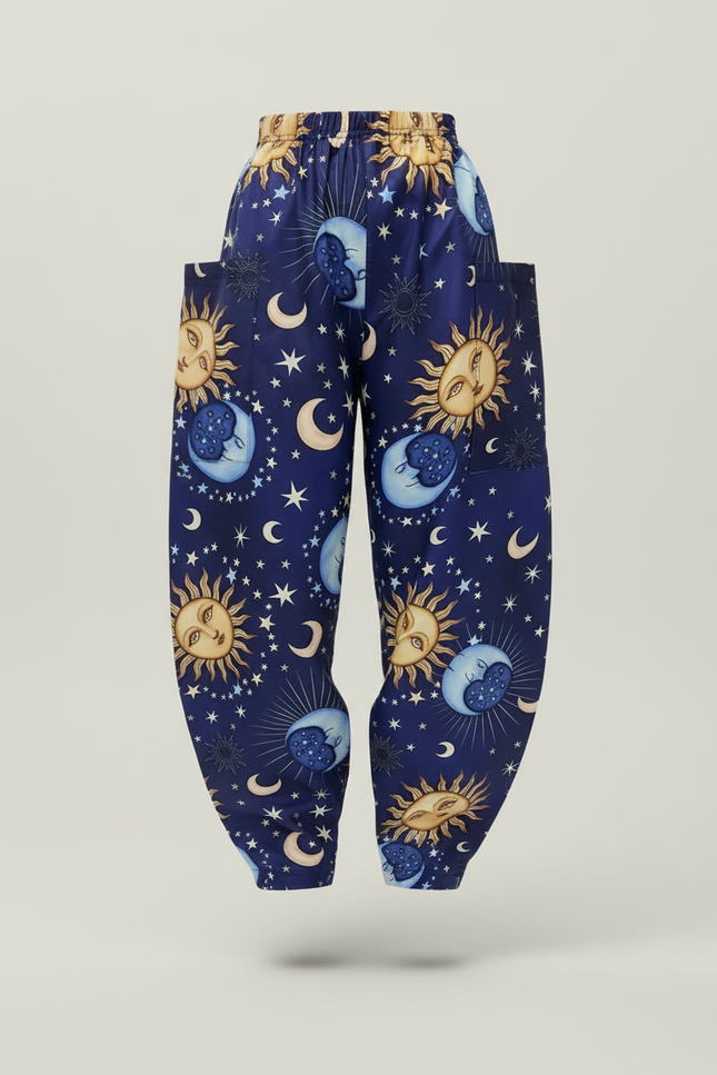 Pantalon Baggy Bleu Imprimé Soleil Lune Étoiles Ample Fluide - Marine Viscose - vue 3