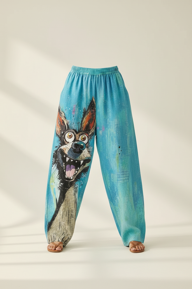 Pantalon Baggy Bleu Imprimé Chien Ample Décontracté - Lin - vue 3