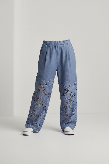 Pantalon Baggy Bleu Jean Dentelle Ample Enfant - Lin - vue 3