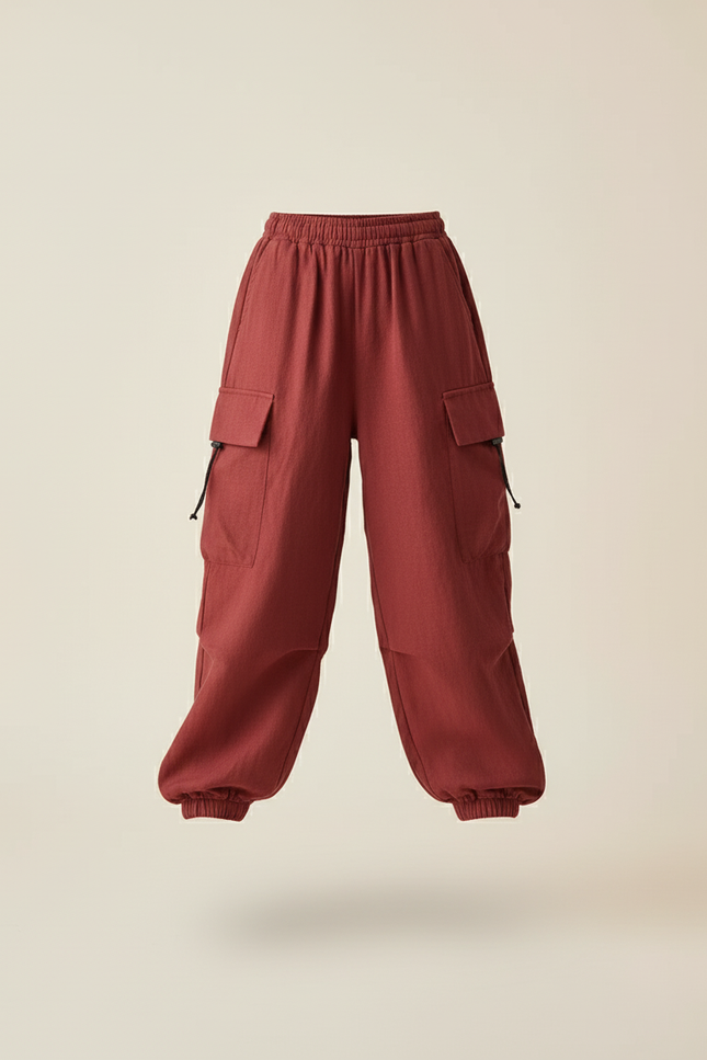 Pantalon Baggy Cargo Rouge Ample Enfant Cordon - Bordeaux Lin - vue 3