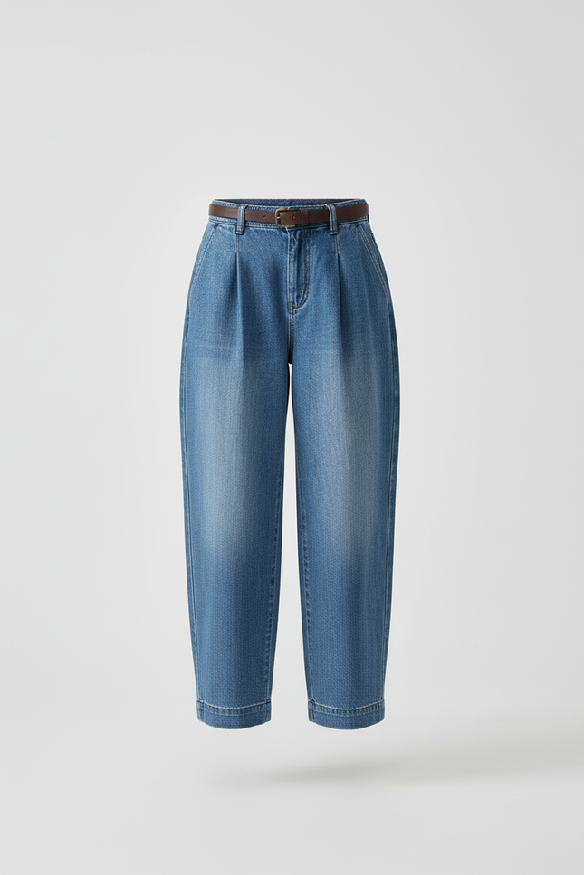 Pantalon Baggy Jean Bleu Plissé Ample Décontracté - vue 3