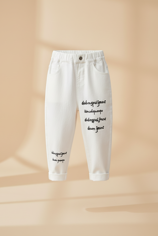 Pantalon Baggy Blanc Coton Imprimé Décontracté Enfant - Jean - vue 3