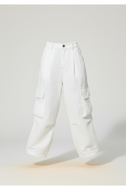 Pantalon Baggy Blanc Cargo Ample Décontracté Enfant - Toile - vue 3