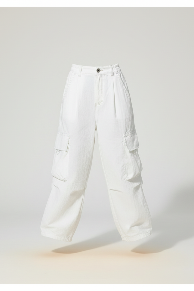Pantalon Baggy Blanc Cargo Ample Décontracté Enfant - Toile - vue 3