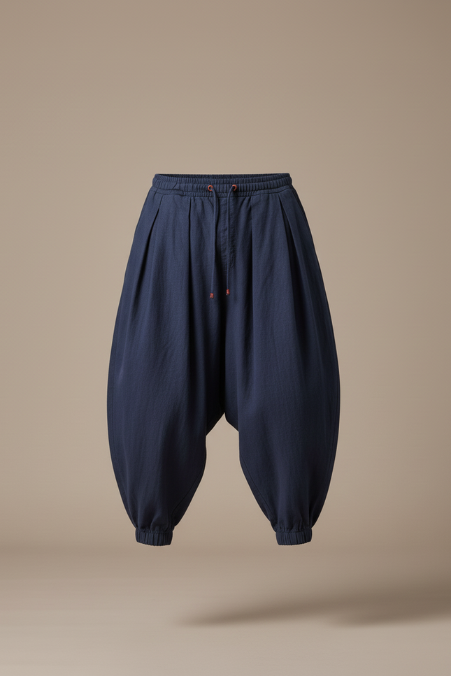 Pantalon Baggy Bleu Marine Coton Lin Ample Décontracté Homme - vue 3
