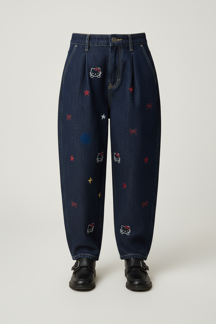Pantalon Baggy Jean Brodé Hello Kitty Ample Fille - Marine - vue 3