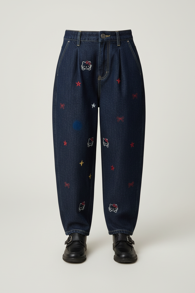 Pantalon Baggy Jean Brodé Hello Kitty Ample Fille - Marine - vue 3