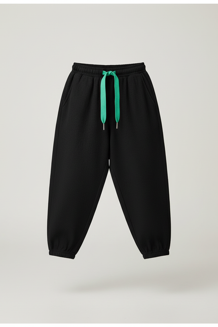 Pantalon Baggy Noir Ample Décontracté Cordon Vert - Coton - vue 3